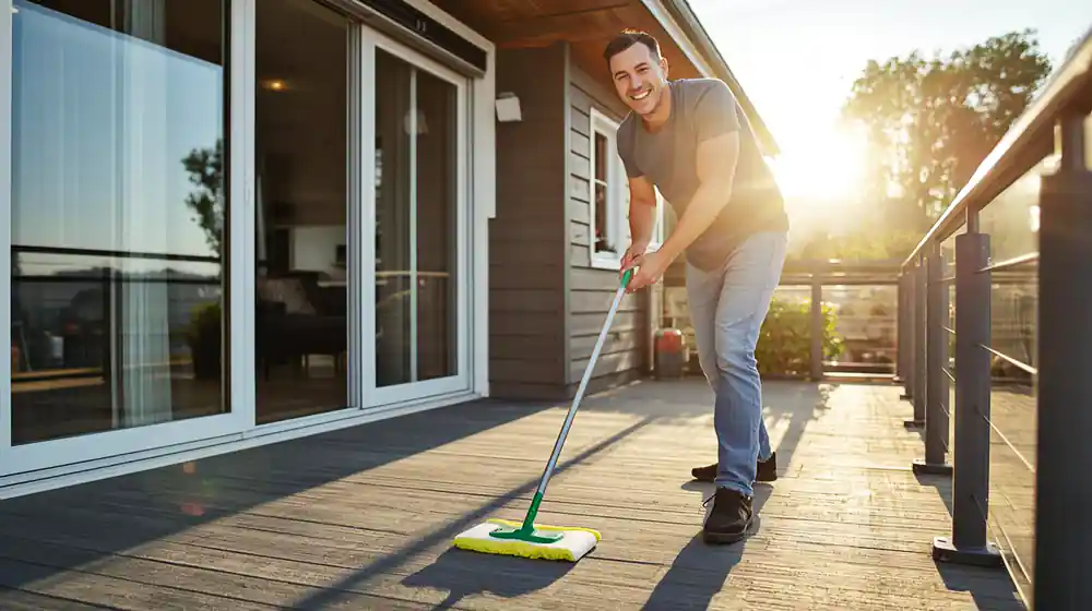Hombre limpiando tarima sintética de exterior
