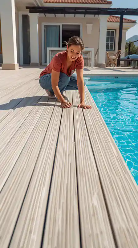mujer cuidando de tarima sintetica en zona de piscina